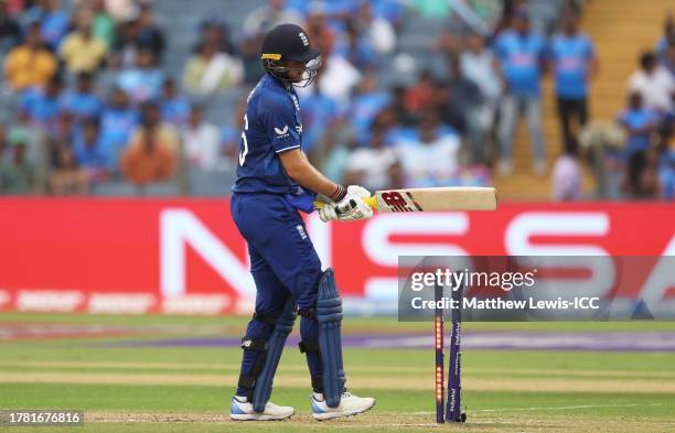 Joe Root of England is bowled by Logan van Beek of Netherlands during the ICC Men's Cricket World Cup India 2023 between England and Netherlands at...