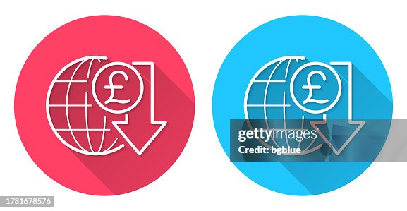 Pound rate decrease. Round icon with long shadow on red or blue background Pound rate decrease. Round icon with long shadow on red or blue background