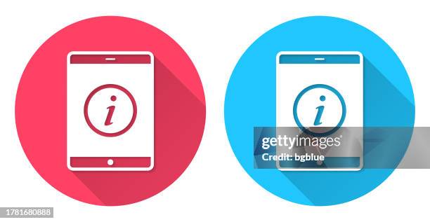 tablet pc with information sign. round icon with long shadow on red or blue background - ipad kiosk stock illustrations