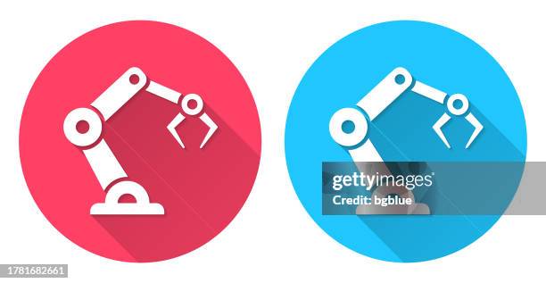 robotic arm. round icon with long shadow on red or blue background - robotics stock illustrations