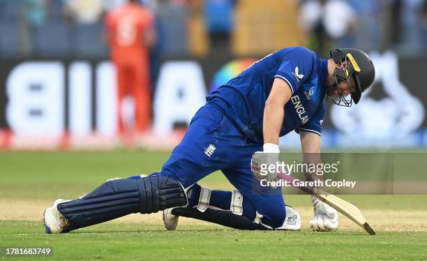 Dawid Malan of England reacts after being run out during the ICC Men's Cricket World Cup India 2023 between England and Netherlands at MCA...