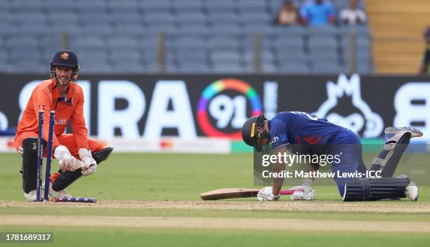 Dawid Malan of England reacts after being run out during the ICC Men's Cricket World Cup India 2023 between England and Netherlands at MCA...