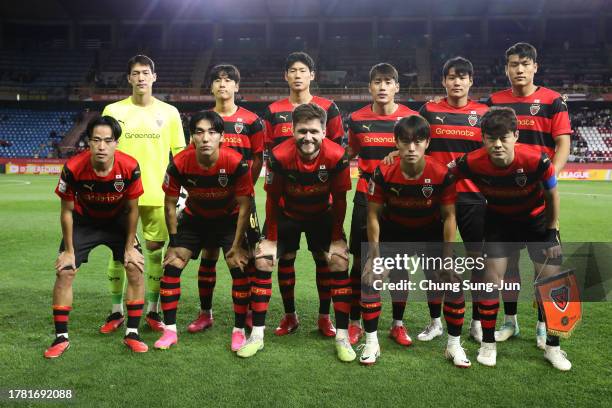 Pohang Steelers players pose during the AFC Champions League Group J match between Pohang Steelers and Urawa Red Diamonds at Pohang Steelyard on...