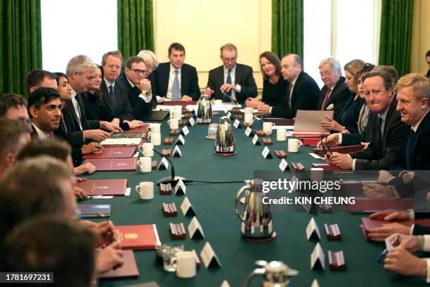 Britain's Prime Minister Rishi Sunak chairs a cabinet meeting with his new cabinet including Britain's Foreign Secretary David Cameron at 10 Downing...