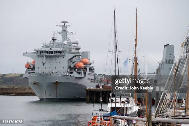 General view of the RFA Argus moored in the harbour on an overcast wet day on September 20, 2023 in Falmouth, England.