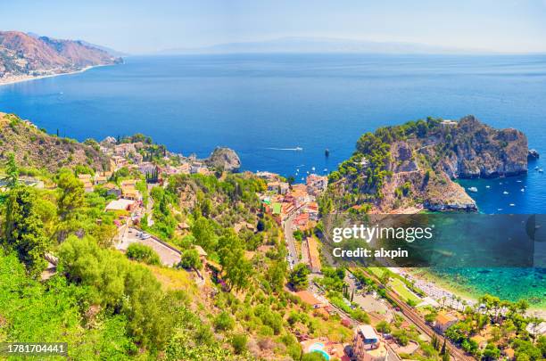 taormina beach, sicily - giardini naxos stock pictures, royalty-free photos & images