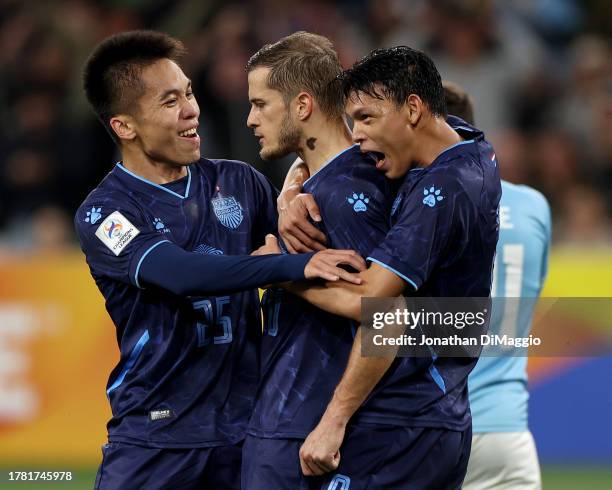 Goran Causic of Buriram United celebrates a goal with teammates during the AFC Champions League Group H match between Melbourne City and Buriram...