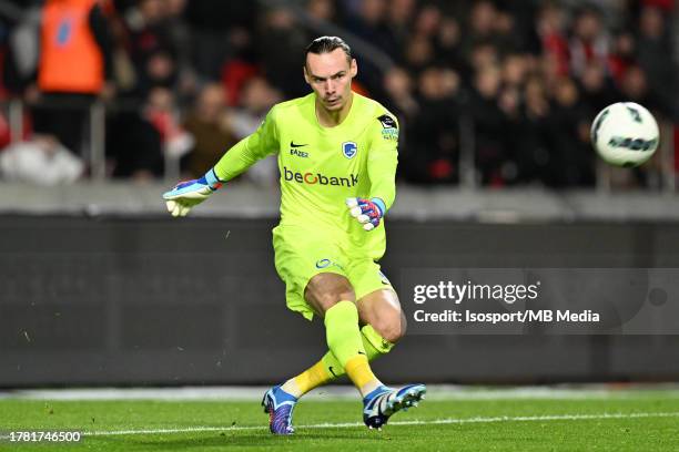 Goalkeeper Maarten Vandevoordt of Genk pictured in action during the Jupiler Pro League season 2023 - 2024 match day 13 between Royal Antwerp FC and...