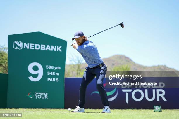 Defending champion Tommy Fleetwood of England hits a tee shot during the pro-am prior to the Nedbank Golf Challenge at Gary Player CC on November 08,...