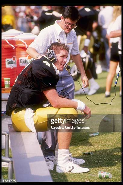 Quarterback Brett Favre of the South Mississippi Golden Eagles looks on during a game. Mandatory Credit: Allsport /Allsport