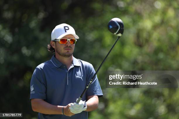 Ewen Ferguson of Scotland prepares to hit a shot during the pro-am prior to the Nedbank Golf Challenge at Gary Player CC on November 08, 2023 in Sun...