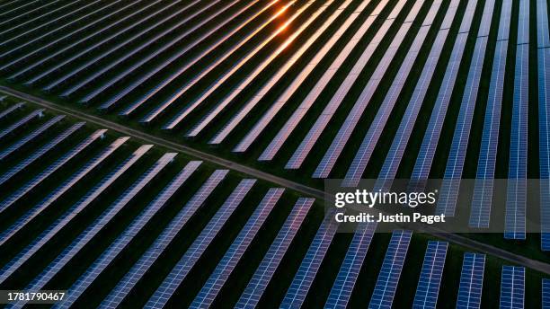 drone view over a field of solar panels at sunset - impianto di energia solare foto e immagini stock