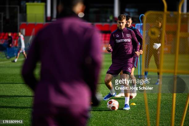 Josip Stanisic of Bayer Leverkusen during the training session and press conference for the UEFA Europa League at BayArena on November 08, 2023 in...