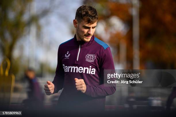 Josip Stanisic of Bayer Leverkusen during the training session and press conference for the UEFA Europa League at BayArena on November 08, 2023 in...