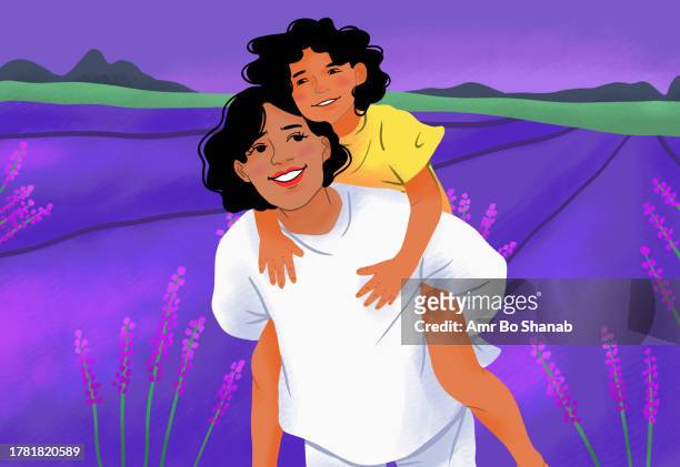 portrait happy mother piggybacking daughter in rural lavender field - lavender stock illustrations