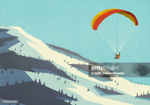 man paragliding over snowy winter mountain - sports stock illustrations