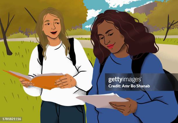 young female college students reading, studying and walking on college campus - paperwork stock illustrations