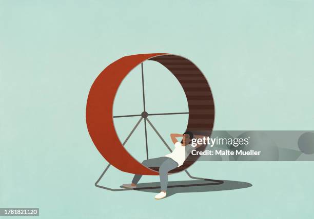 ilustraciones, imágenes clip art, dibujos animados e iconos de stock de man relaxing with hands behind head on hamster wheel - rutina