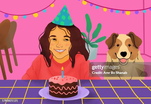 happy girl with dog celebrating birthday party, preparing to blow out candles on birthday cake - party hats stock illustrations