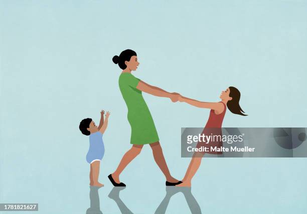 happy, carefree mother playing with daughter and baby son - family stock illustrations