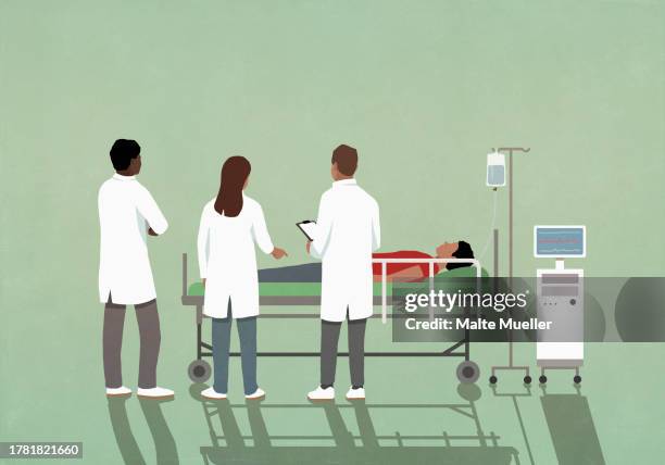 doctors consulting, watching patient on stretcher in hospital - man standing stock illustrations