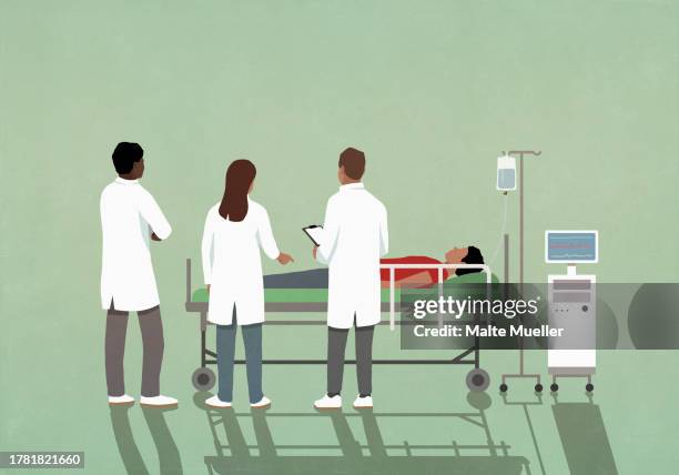 doctors consulting, watching patient on stretcher in hospital - green background stock illustrations
