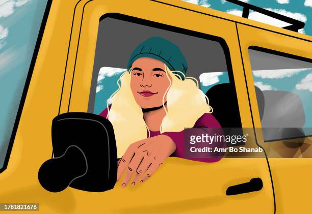 portrait smiling young blonde woman in van window - platinum stock illustrations