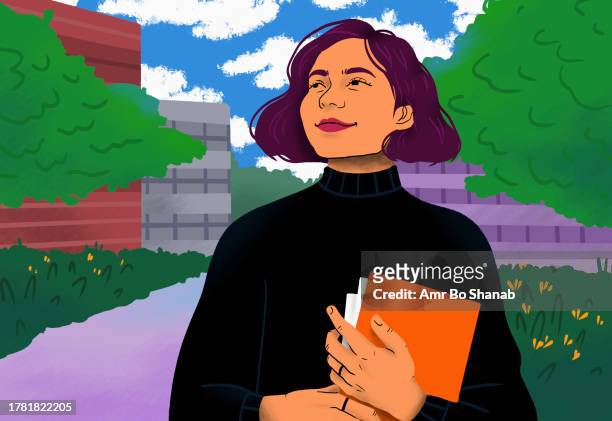 portrait confident young female student with book on college campus - education stock illustrations