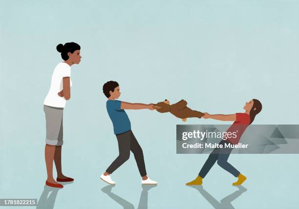 frustrated mother watching daughter and son fight over teddy bear - geschwister stock-grafiken, -clipart, -cartoons und -symbole