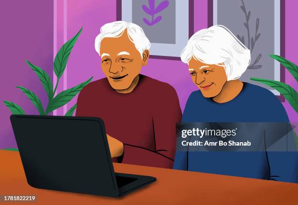 smiling retired, senior couple video chatting at laptop from home - senior men stock illustrations