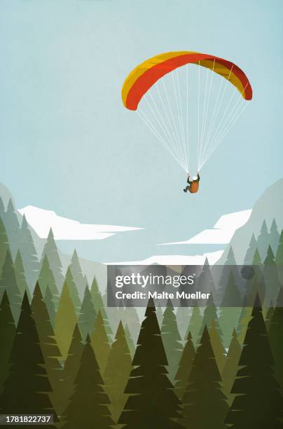man paragliding over mountain forest treetops - paragliding stock illustrations