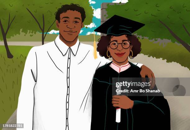 portrait happy, proud son with college graduate mother on graduation day - happy couple stock illustrations