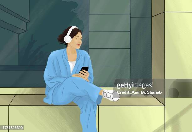 young woman with headphones and smart phone listening to music on city bench - viewpoint stock illustrations
