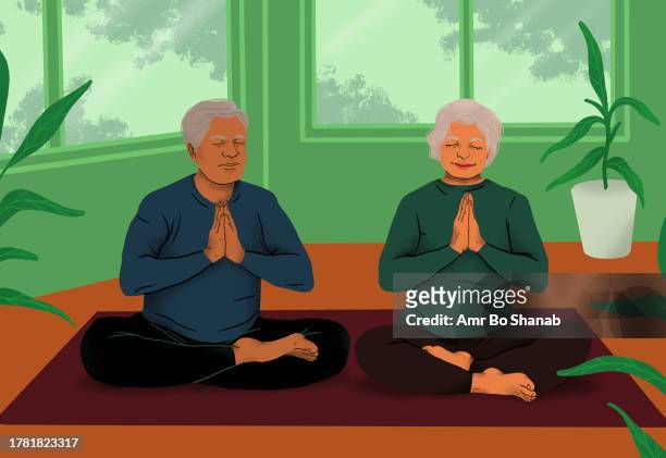 serene, healthy senior people meditating on yoga mat together at home - lotus position stock illustrations