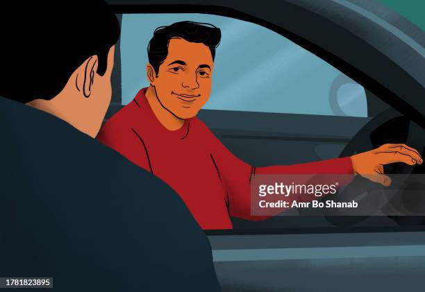 smiling man behind steering wheel talking to friend at car window - mates stock illustrations