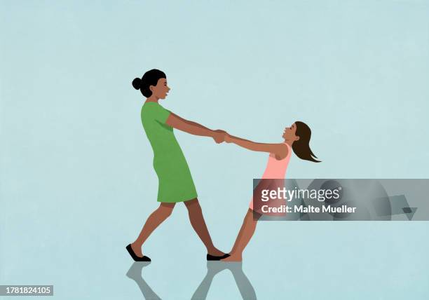 happy mother and daughter holding hands and leaning - family stock illustrations