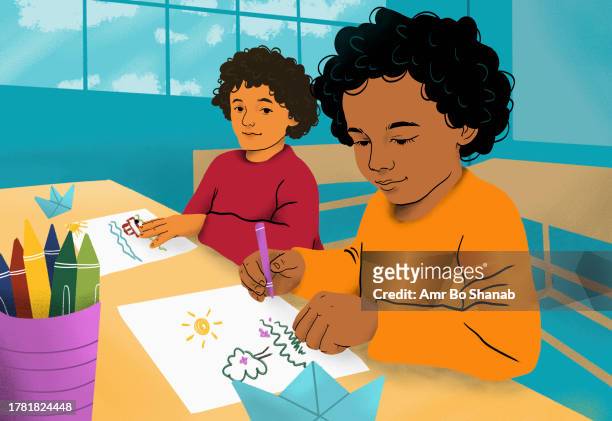 portrait elementary school girls drawing in classroom - education stock illustrations