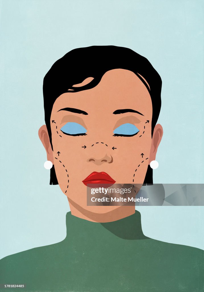 Close up plastic surgery lines on face of woman with eyes closed