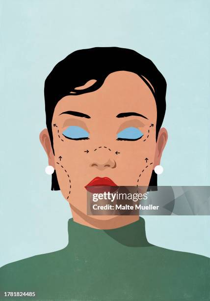 close up plastic surgery lines on face of woman with eyes closed - conclusion stock illustrations