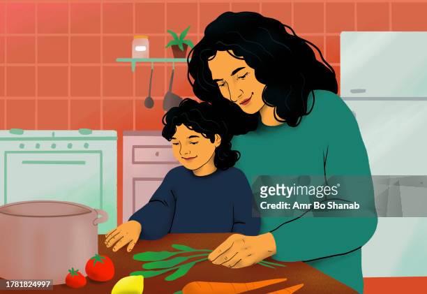 happy mother and daughter cooking, preparing healthy vegetables together in kitchen - family house stock illustrations