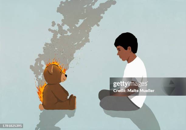 stockillustraties, clipart, cartoons en iconen met boy watching teddy bear burning on fire - child abuse