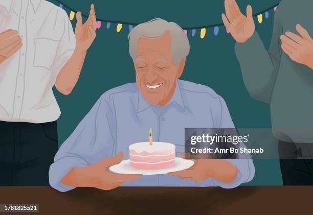 ilustraciones, imágenes clip art, dibujos animados e iconos de stock de happy senior man celebrating birthday with clapping friends, preparing to blow out candle - family moments