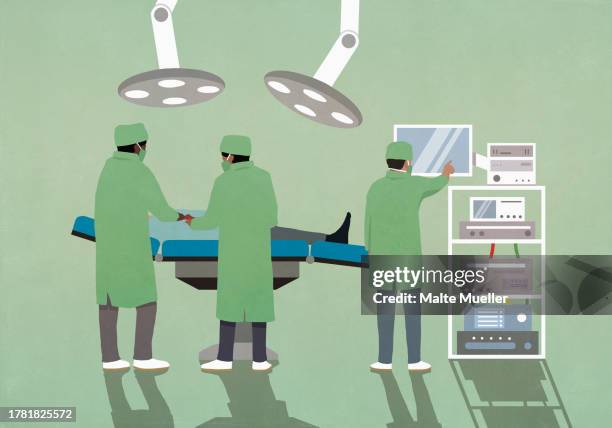 surgeons in surgical scrubs operating on patient tin hospital operating room - operating room equipment stock illustrations