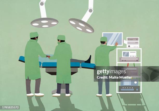 surgeons in surgical scrubs operating on patient tin hospital operating room - surgical equipment stock illustrations