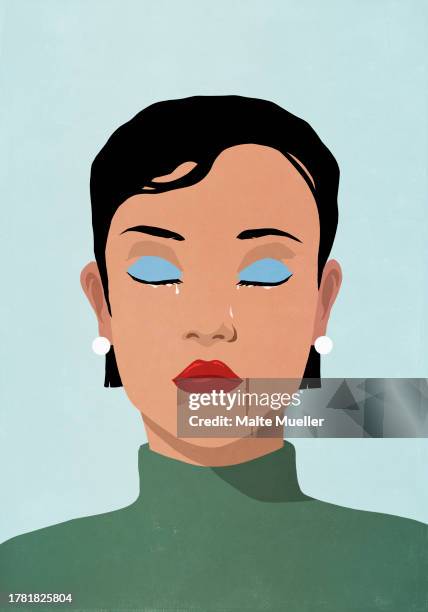 close up woman with eyes closed crying - augen geschlossen stock-grafiken, -clipart, -cartoons und -symbole