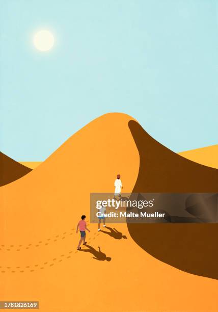people hiking up steep sand dune in sunny remote desert - active adult community stock illustrations