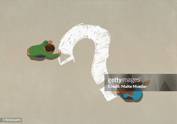view from above boy and girl coloring question mark with chalk - education stock illustrations