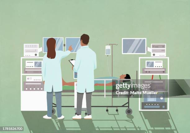 doctors monitoring patient in hospital with technology equipment - surgical equipment stock illustrations