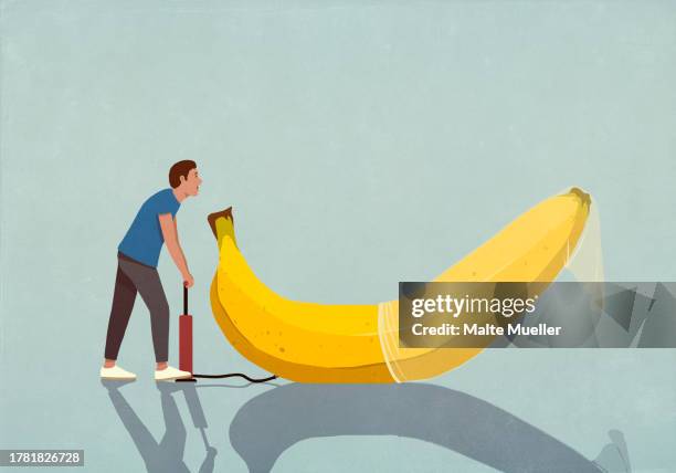 man with bicycle pump inflating condom on banana - bicycle pump stock illustrations