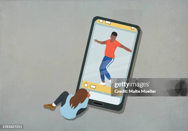 girl messaging boy on social media - mobile app stock illustrations